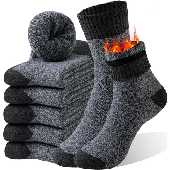 5 Pairs Wool Socks Mens - Warm & Thick Winter Socks with Thermal Cushion for Hik - Picture 1 of 6
